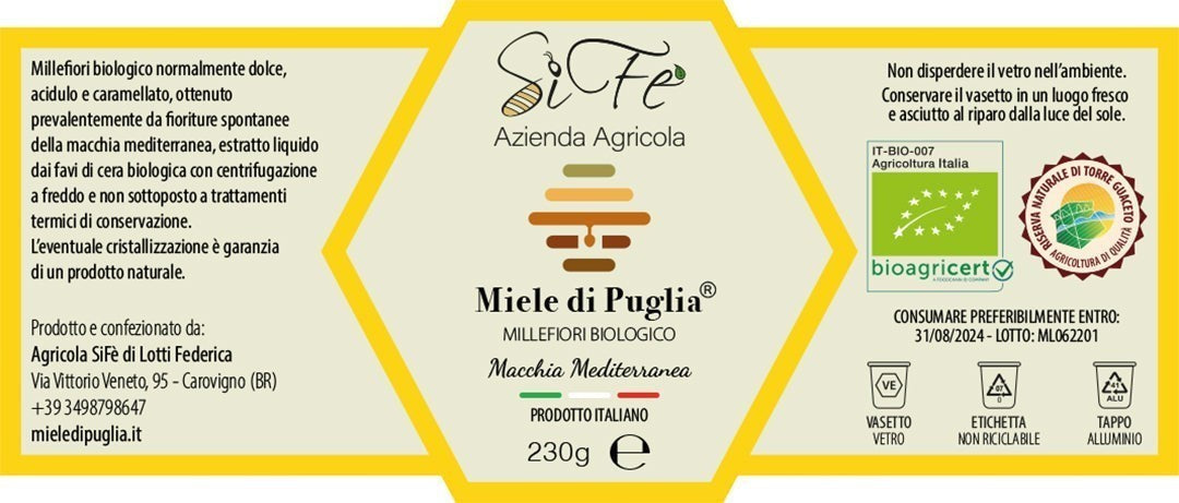 Etichetta del miele biologico millefiori Agricolasifè con dettagli su origine e certificazioni della Puglia