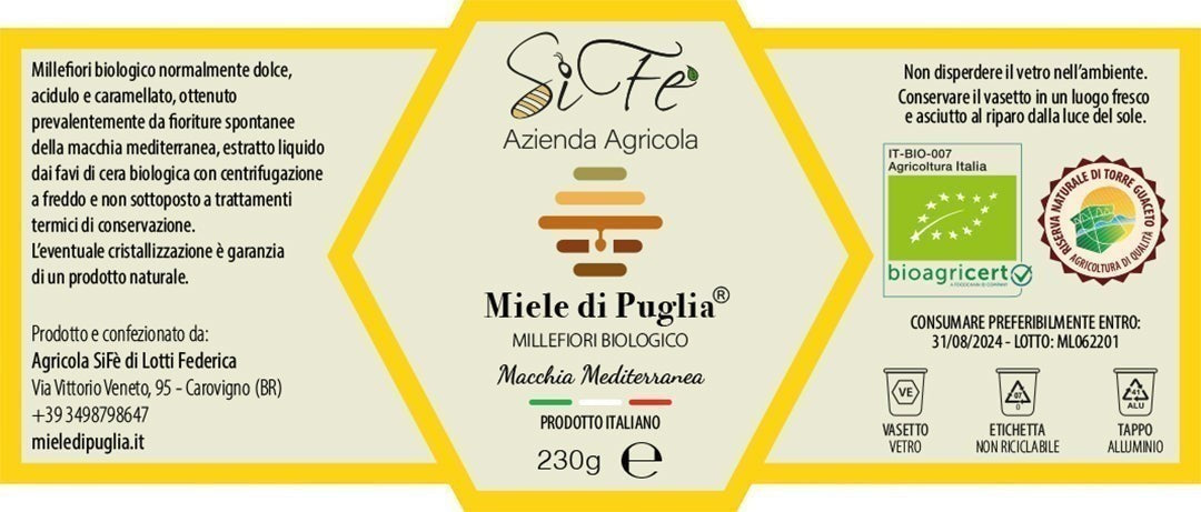 Etichetta del Miele Millefiori Biologico di Puglia Agricolasifè con dettagli su produzione artigianale e certificazioni