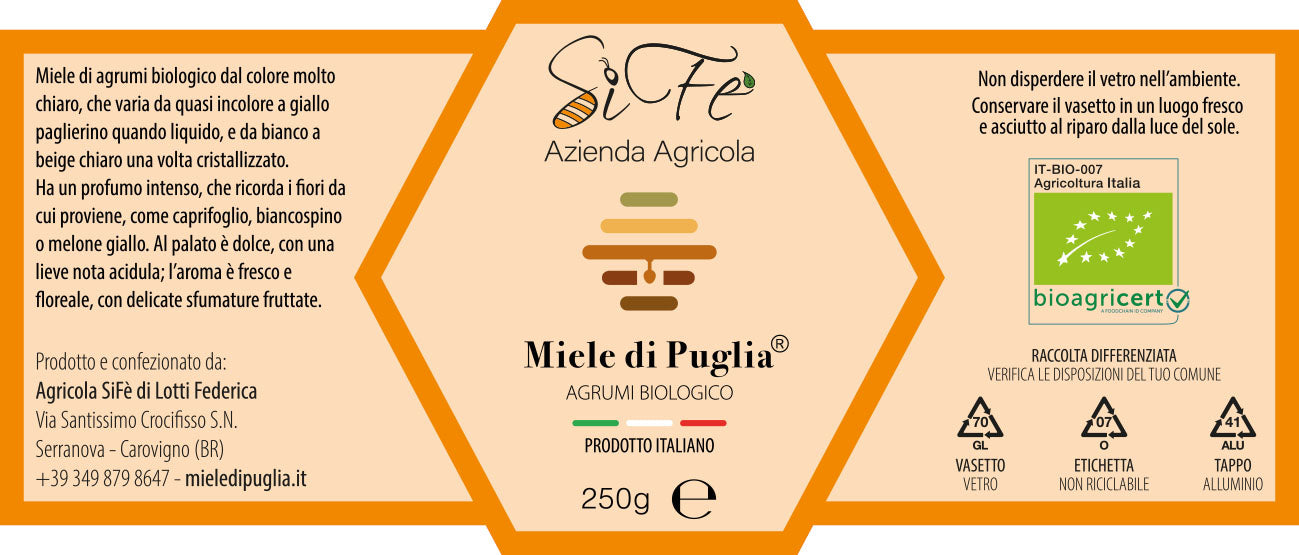 Etichetta del Miele Biologico di Agrumi di Puglia Agricolasifè con dettagli su origine, certificazione e produzione