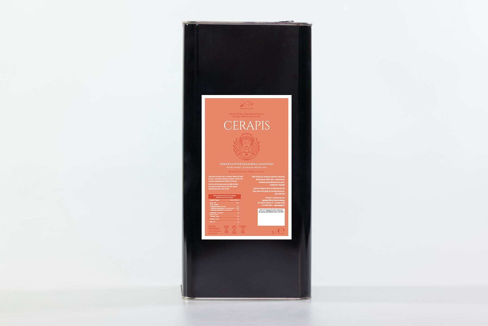 Confezione Bag in Box di olio extravergine di oliva biologico Agricolasifè Cerapis, monocultivar Ogliarola Salentina.