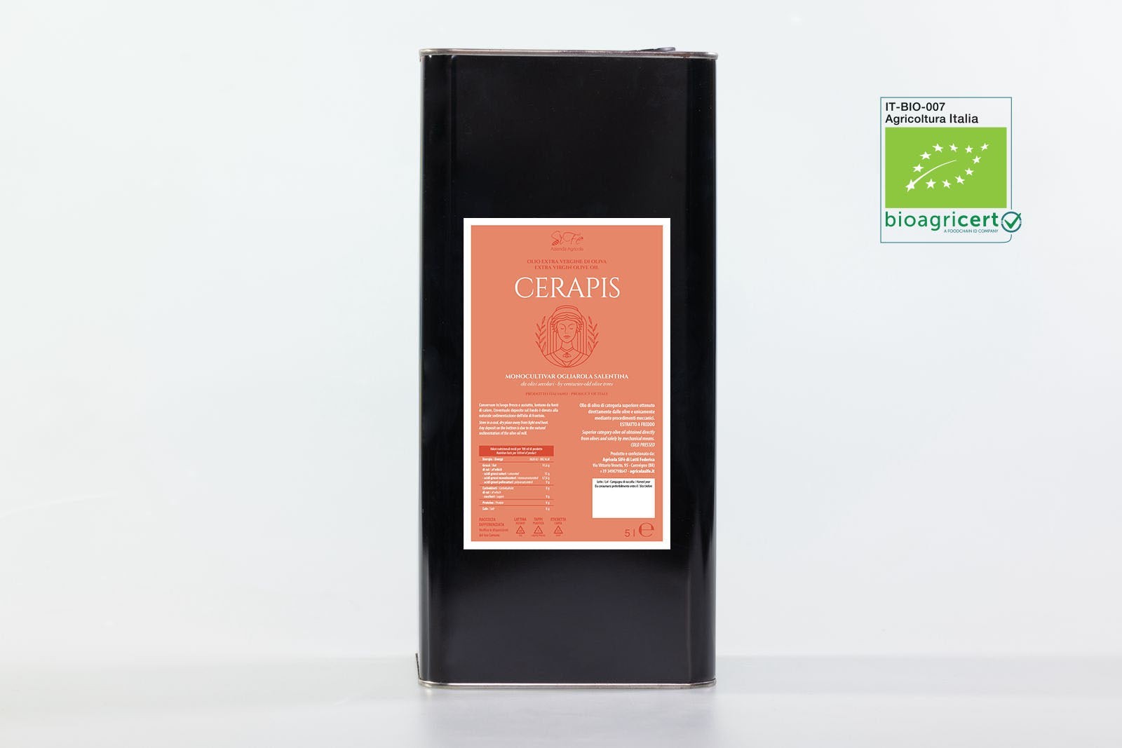 Confezione Bag in Box di olio extravergine di oliva biologico Cerapis Agricolasifè, monocultivar Ogliarola Salentina.