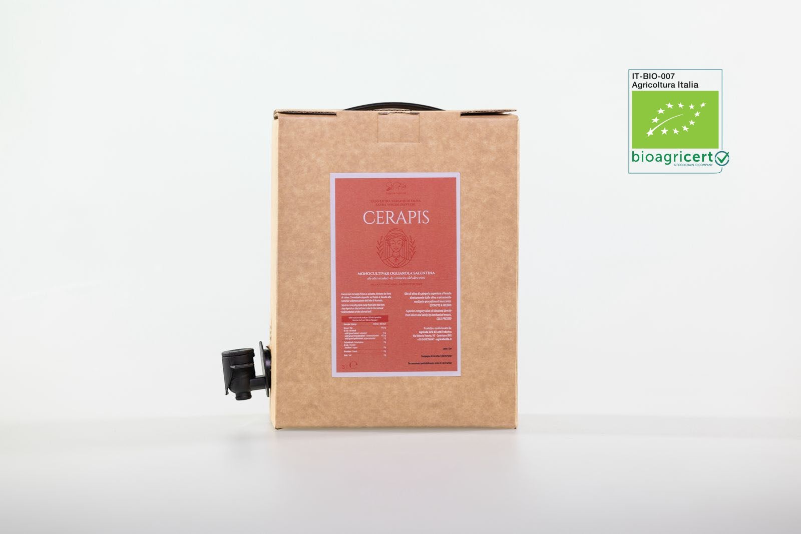 Confezione Bag in Box di olio extravergine di oliva biologico Cerapis Agricolasifè con etichetta e certificazione bio