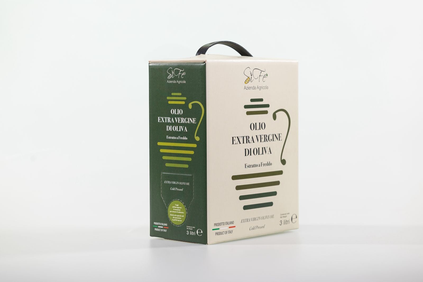 Confezione da 3 litri di Olio Extravergine di Oliva Agricolasifè, estratto a freddo, in un pratico contenitore bag-in-box.