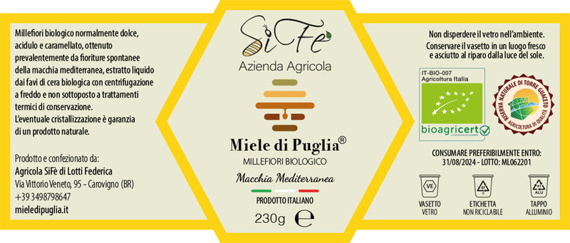 Boîte de Miel des Pouilles Bio ® Millefiori de TORRE GUACETO Gommage Méditerranéen 250 grammes