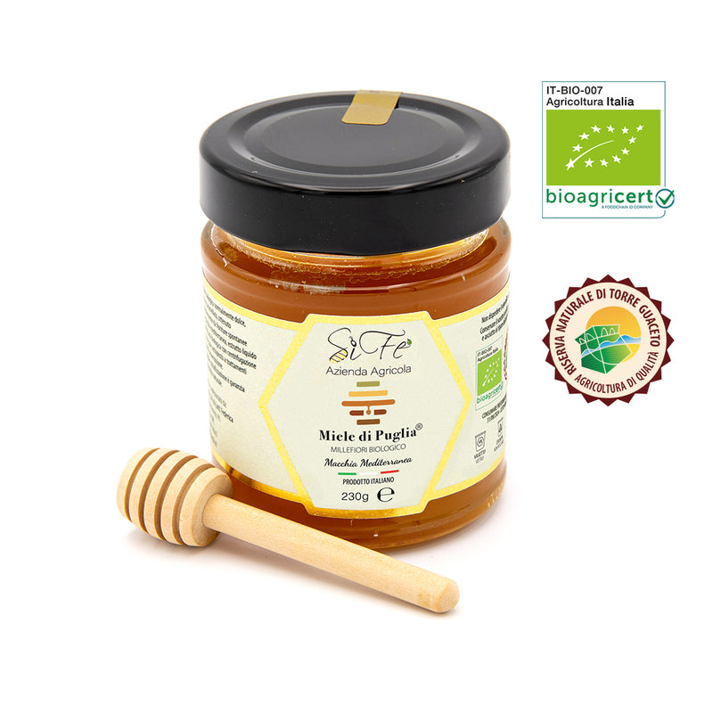 Boîte de Miel des Pouilles Bio ® Millefiori de TORRE GUACETO Gommage Méditerranéen 250 grammes